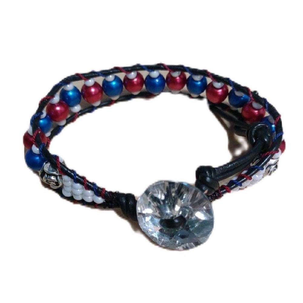Patriotic‎ Red White Blue Beaded Wrap Bracelet Crystal Button Boho Rose Accents